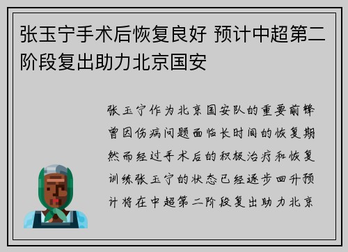 张玉宁手术后恢复良好 预计中超第二阶段复出助力北京国安